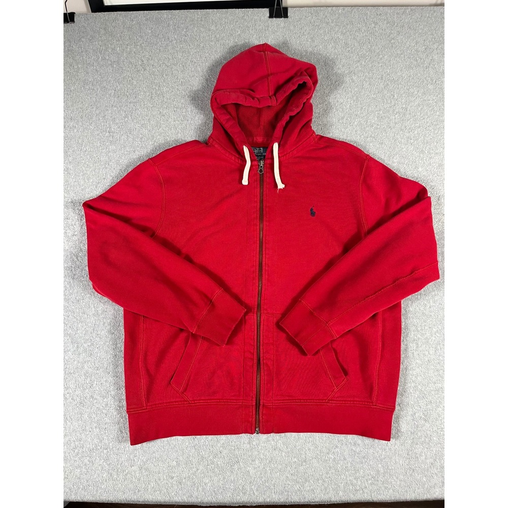 VTG Polo Ralph Lauren Mens XXL Red Full Zip Hoodie Waffle Lined Hood Pony Logo